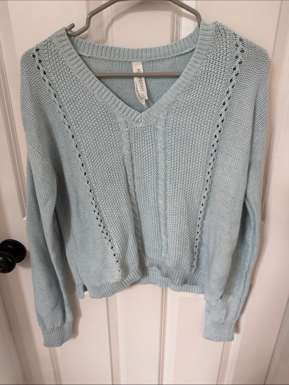 Aeropostale Pale Blue V-Neck Cable & Eyelet Knit Sweater